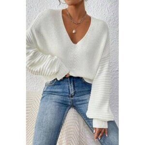 Casual White V Neck Drop Shoulder Sweater